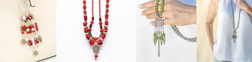 SweetSingleThings - Bild - Banner - Collage aus 4 Bildern - Schlüsselanhänger - Key Chain an heller Tasche - rote mehrreihige Kette -  Bettelkette in Hand von Frau - Dame - Kette an Frau - Dame hängend - Ausschnitte Oberköper weißes Hemd und Arme