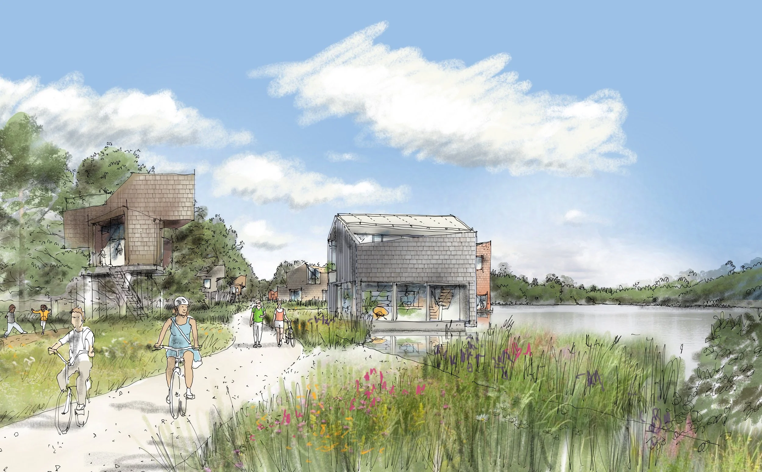 Illustration of a scenic lakeside village with modern houses, people walking and biking on a trail, lush greenery, and colorful wildflowers along the water's edge.