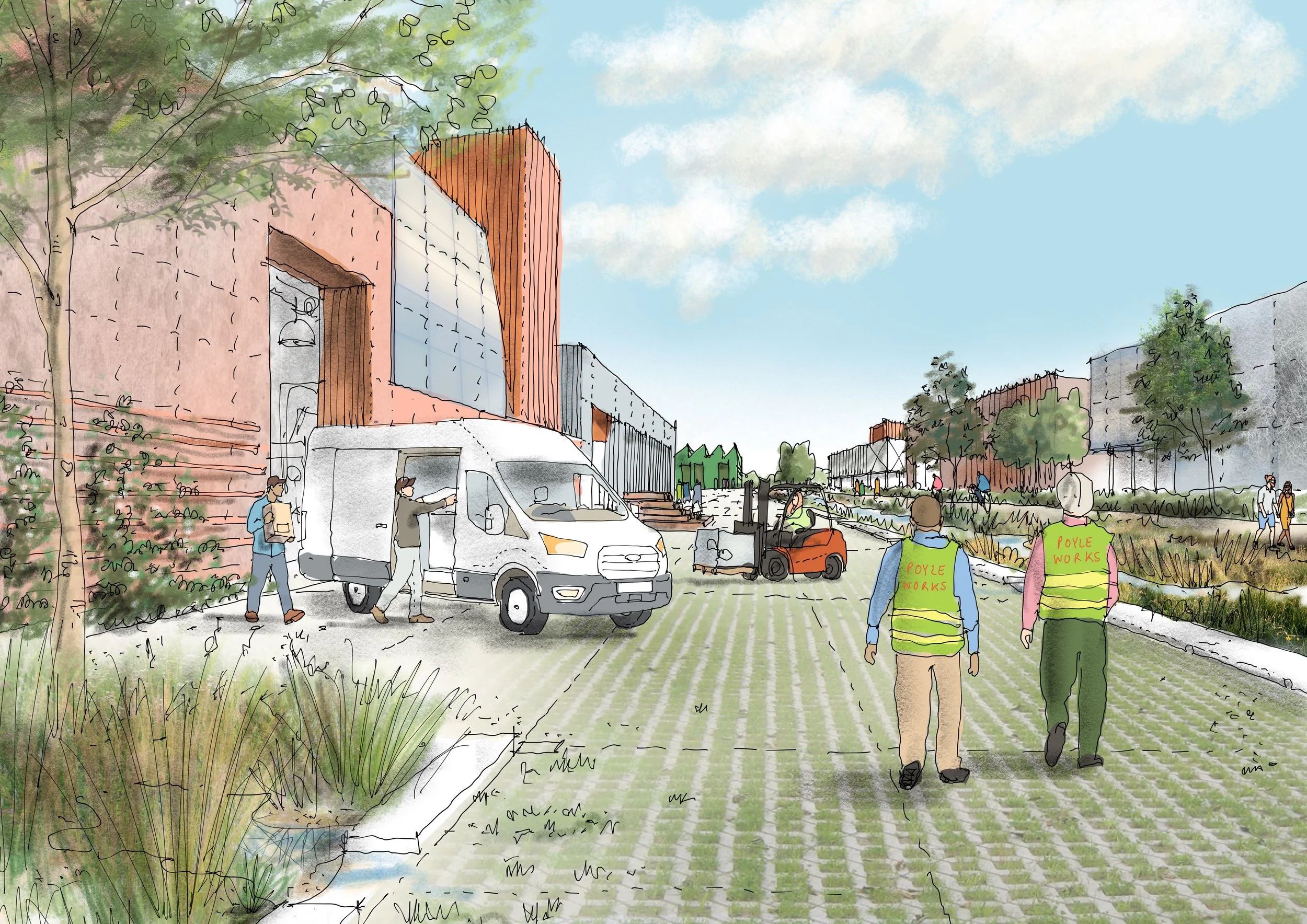 Sketch of a modern community space with people walking, green landscaped areas, a cargo van, and a forklift, with buildings and trees in the background.