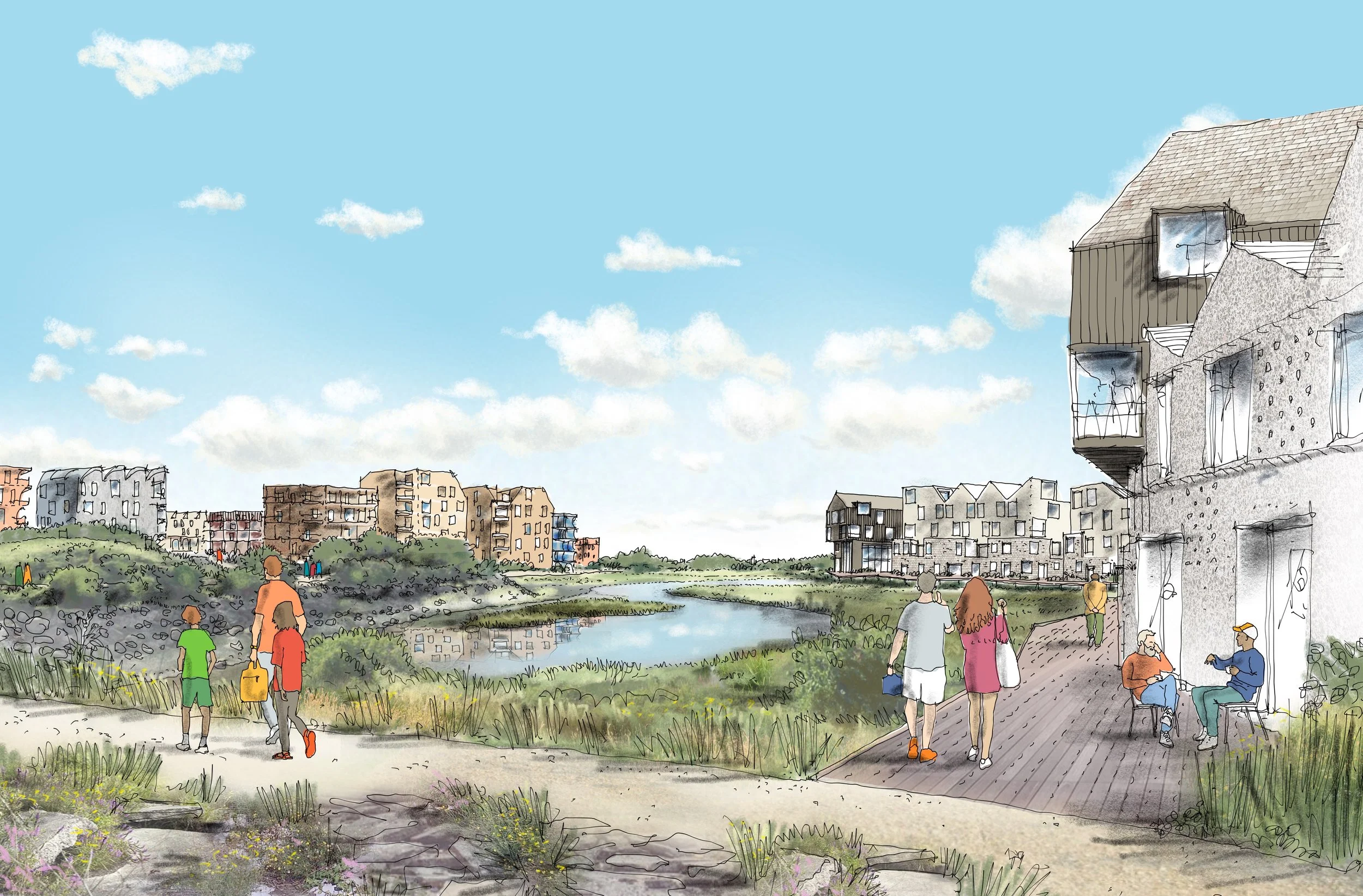 Illustration of a city park with a pond, people walking, and buildings in the background under a blue sky with clouds.