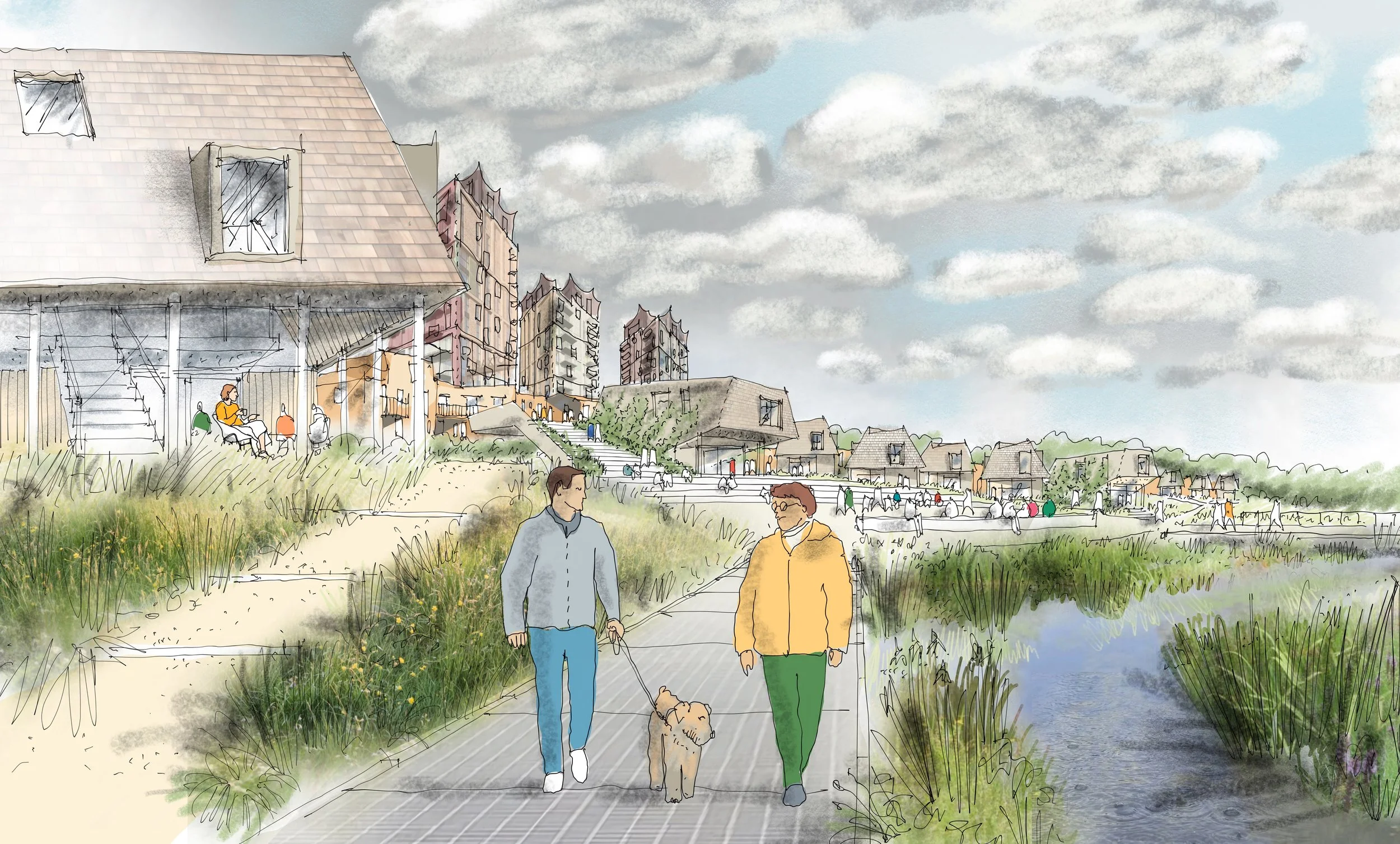 Sketch of a park with two men walking a dog on the sidewalk, residential buildings in the background, and a creek on the right side, under a cloudy sky.