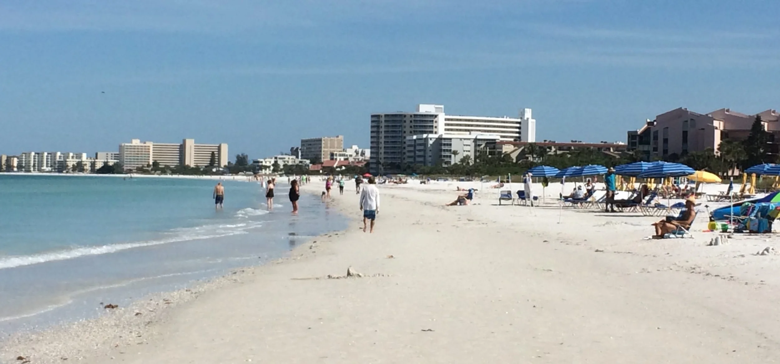 Sarasota Motor Club - Premium Car Service Sarasota - People walking and relaxing on a sandy beach with umbrellas, against a backdrop of buildings and a blue sky.