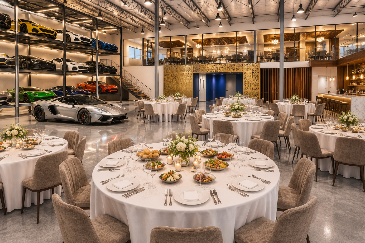 The dramatic main gallery set for a seated dinner