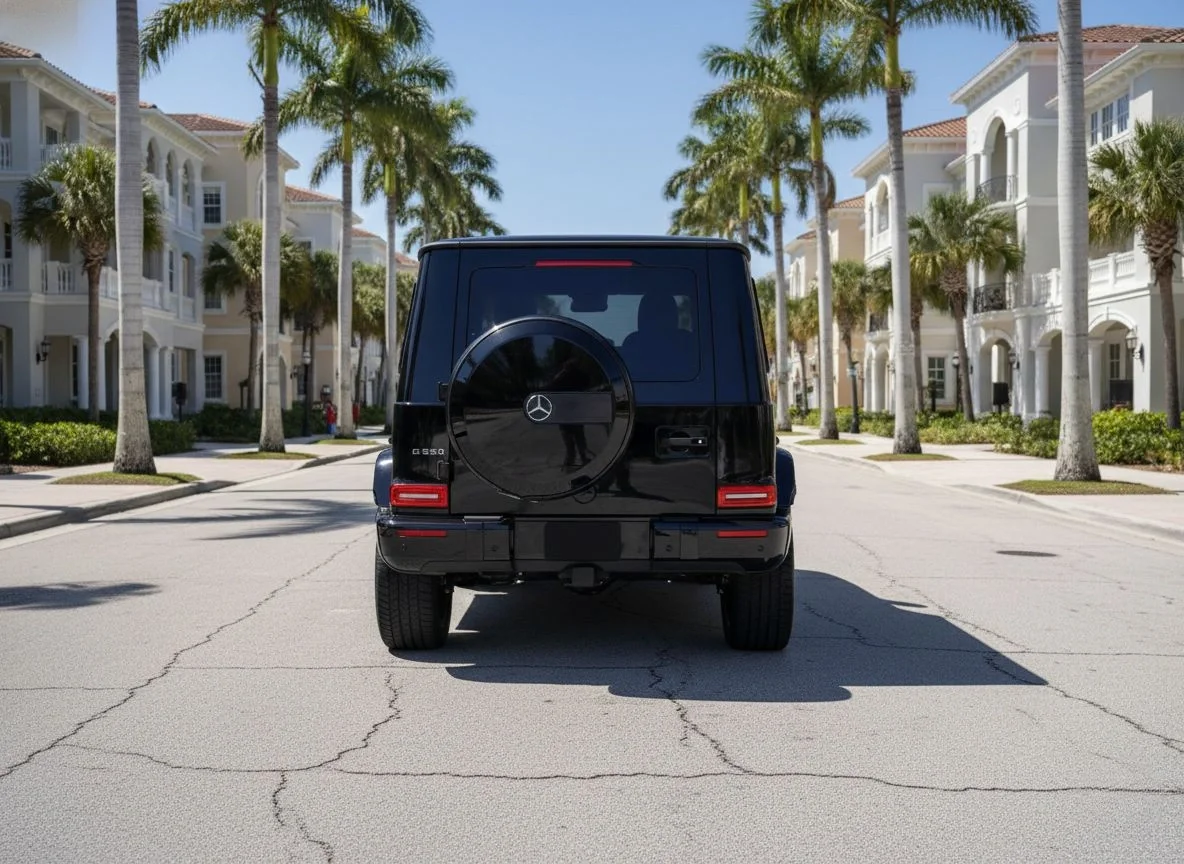 Sarasota Motor Club - private driver wedding Sarasota - A black Mercedes-Benz G-Class SUV parked on a residential street with palm trees and white houses in the background.