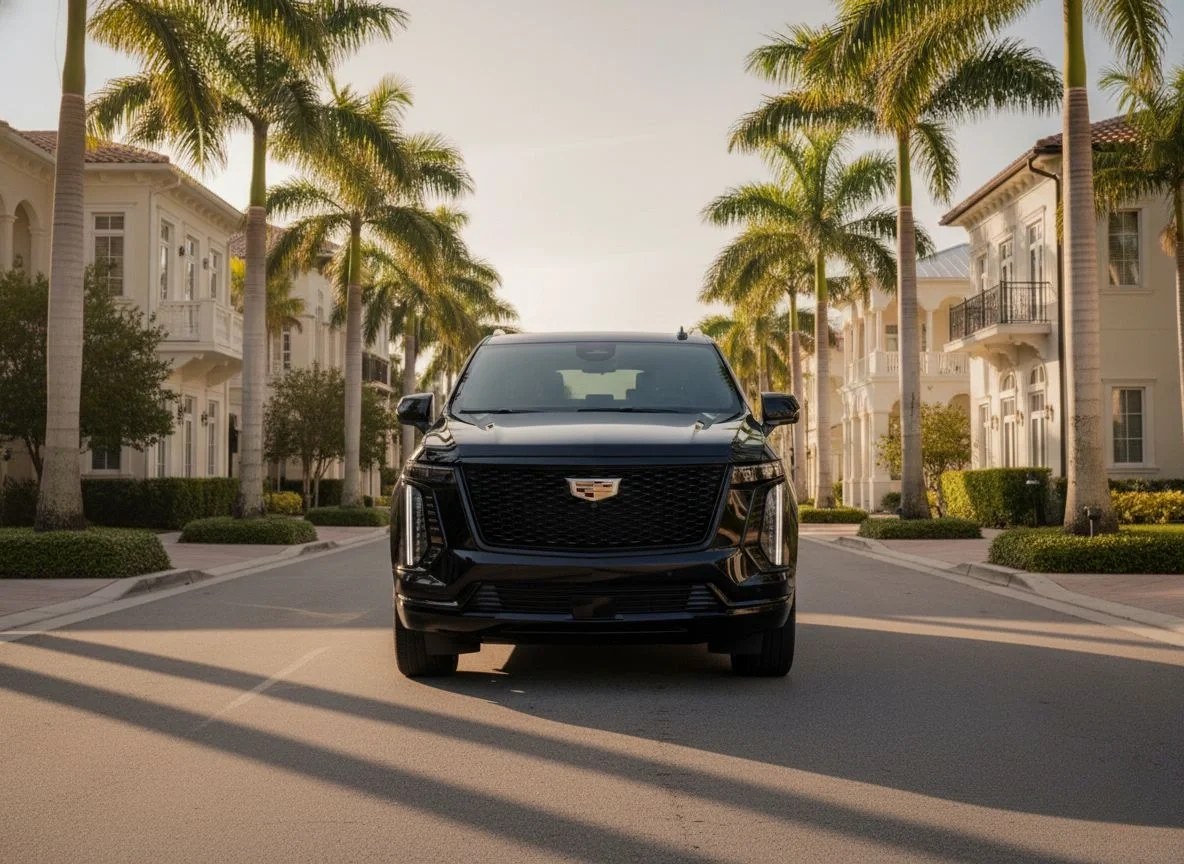 Sarasota Motor Club - private driver wedding Sarasota - A black Cadillac SUV parked on a residential street lined with palm trees and white houses.