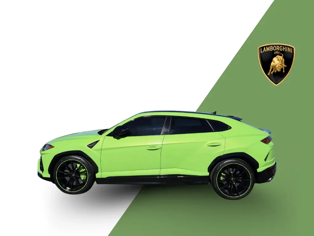 Sarasota Motor Club - Luxury Car Sarasota - A bright green Lamborghini SUV with black wheels, set against a two-tone background with white on one side and green on the other, featuring a Lamborghini logo in the top right corner.