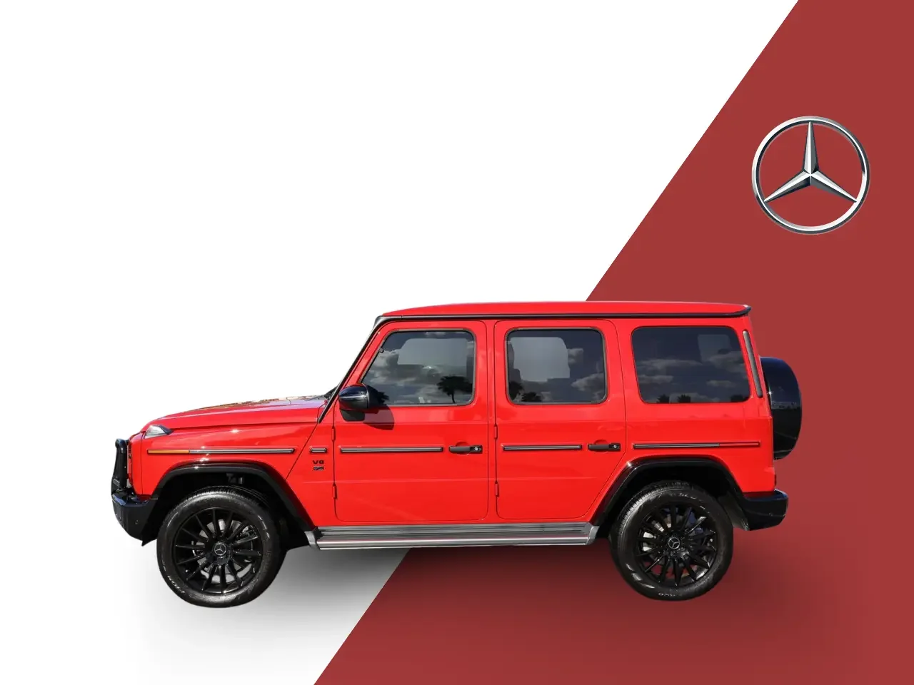 Red Mercedes-Benz G-Class SUV parked against a background split diagonally, with a white half and a maroon half featuring a silver Mercedes-Benz logo.