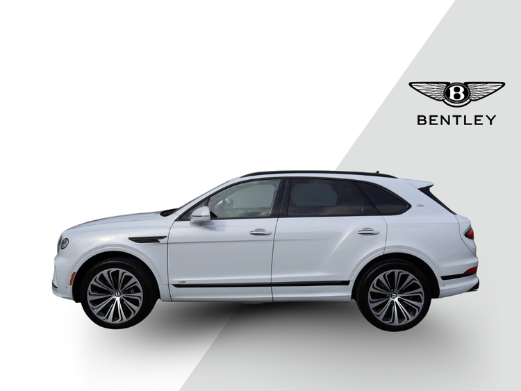 Sarasota Motor Club - Luxury Car Sarasota - A white luxury Bentayga with White wheels parked against a split background of white and light gray, with the Bentley logo and text in the top right corner.