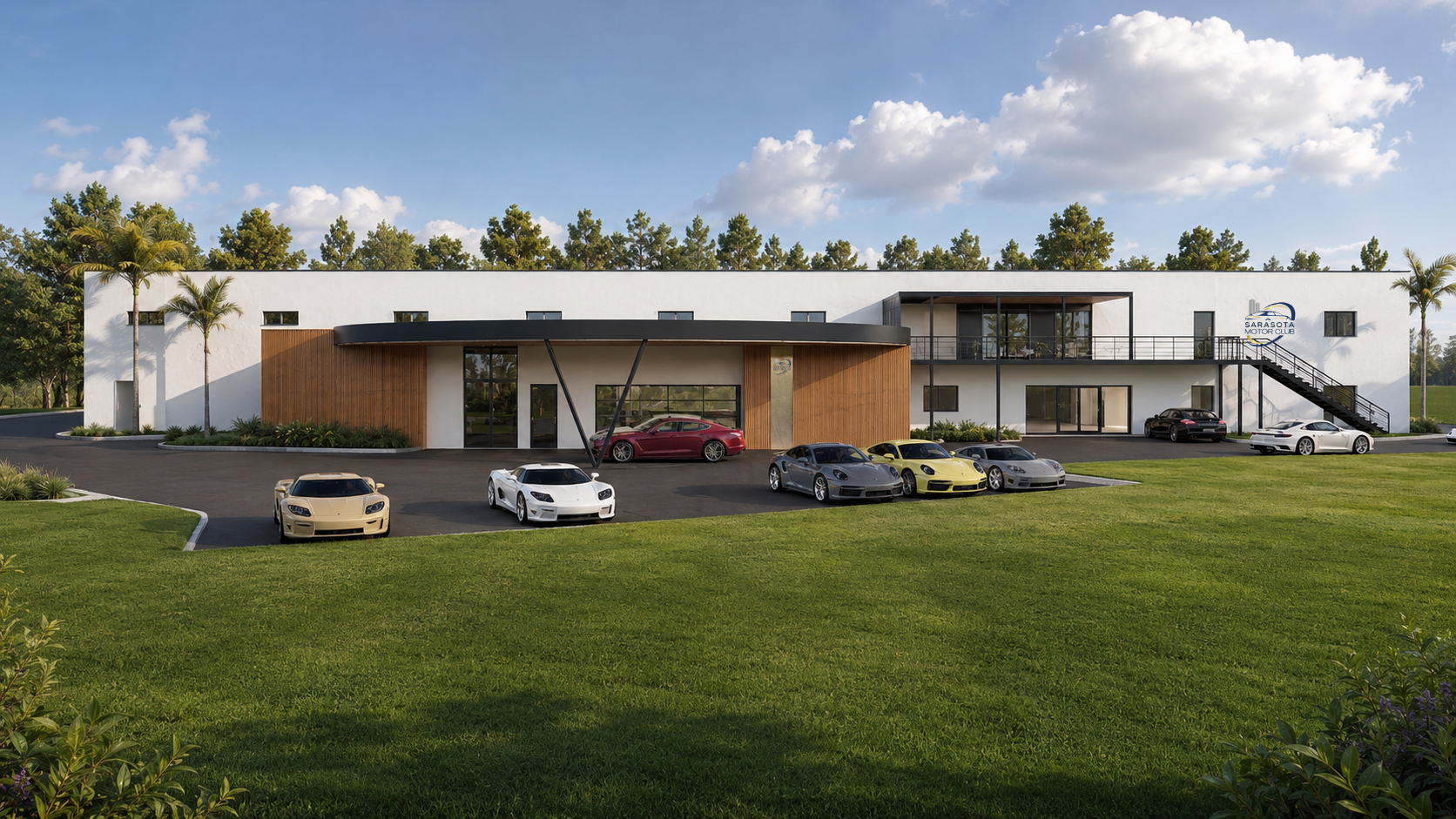 Sarasota Motor Club - luxury car club - Modern building with palm trees, several luxury sports cars parked in front, green lawn, and clear sky with clouds, Sarasota Motor Club logo visible on the building.