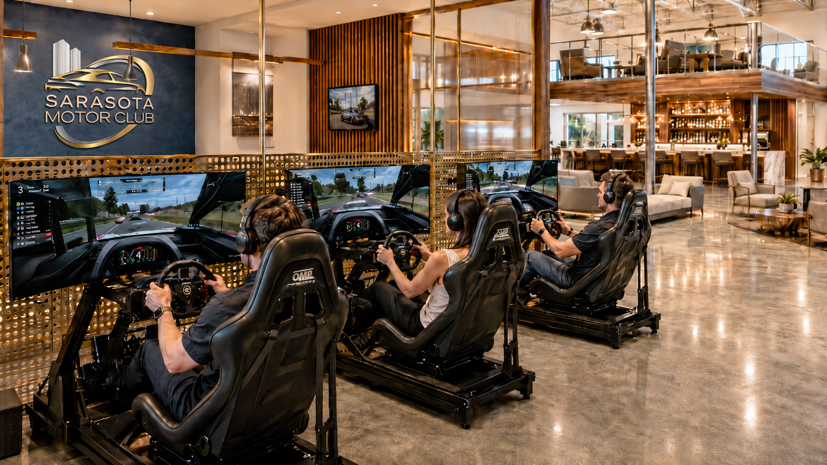 Sarasota Motor Club - Siesta Key member events - Three people wearing headsets seated in racing simulators at Sarasota Motor Club, racing on computer screens with car racing games, in a modern lounge area with bar and seating.