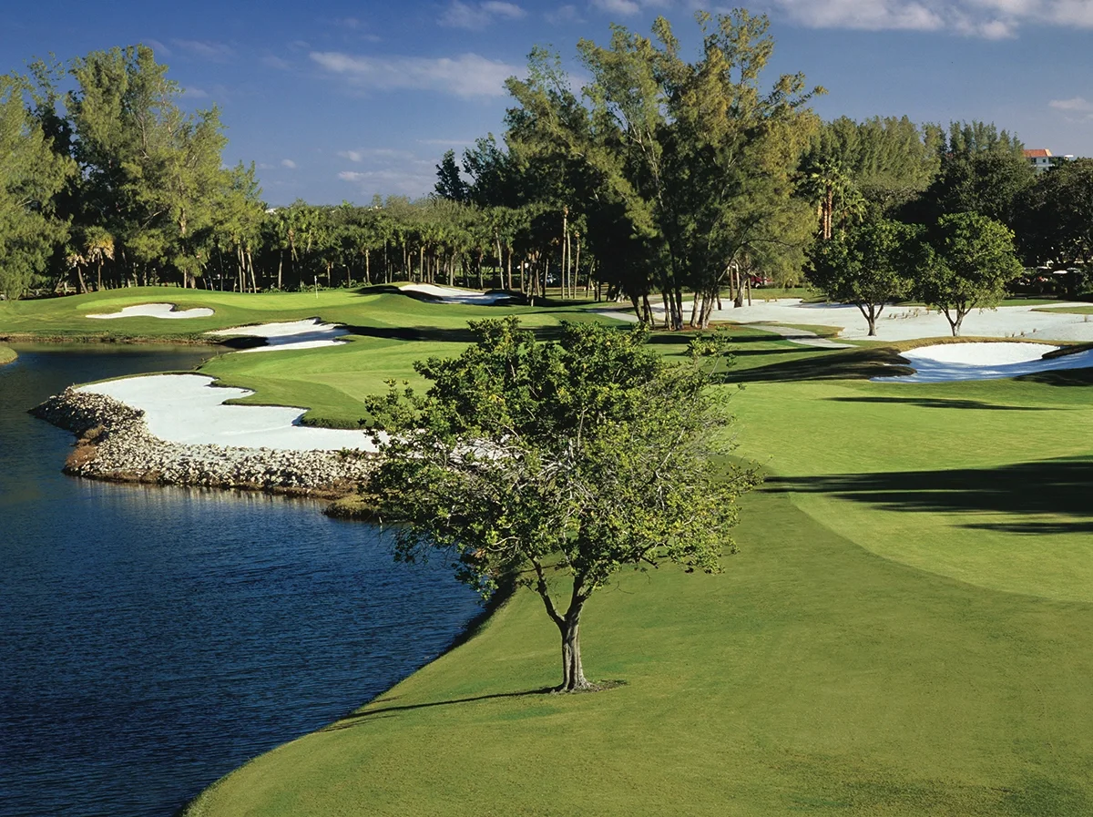 Sarasota Motor Club - Exotic Car Consignment Sarasota - A golf course with well-maintained green grass, sand bunkers, a water hazard, trees, and a clear blue sky in the background.