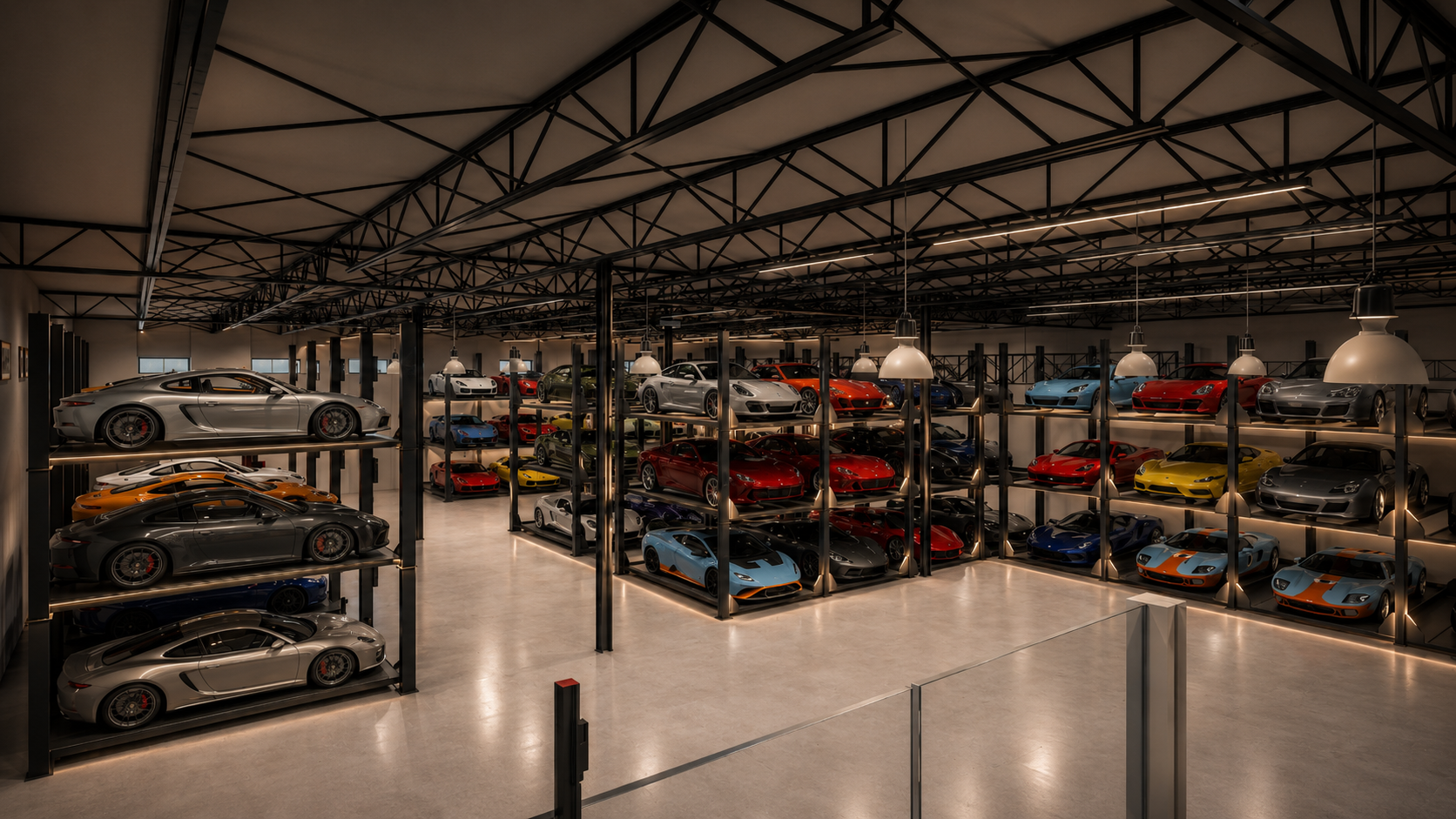 Sarasota Motor Club - collector car events - A luxury car showroom with multiple floors displaying various high-end sports cars, including Ferrari, Lamborghini, Porsche, and McLaren, arranged on sleek black shelving.