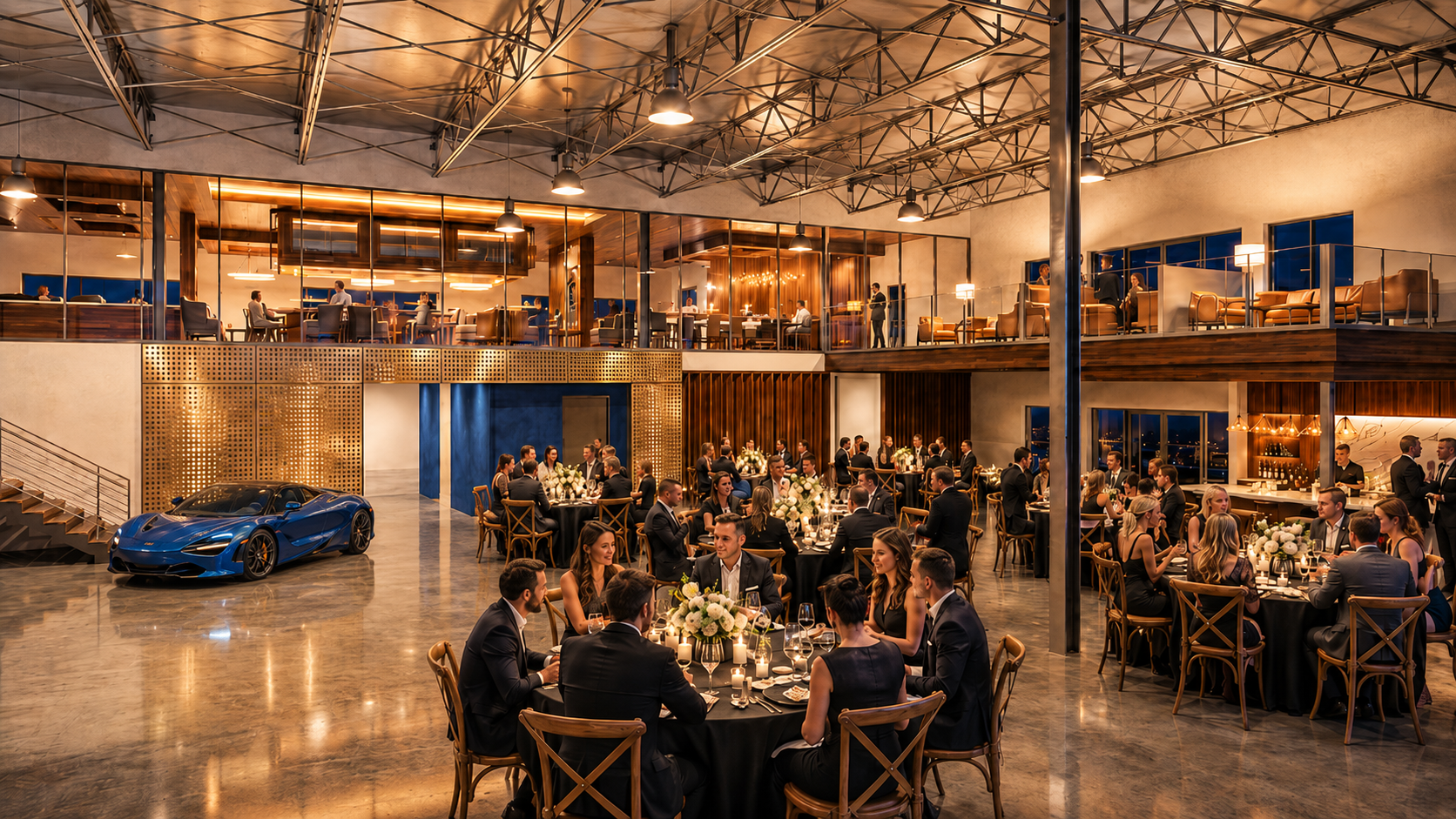 Sarasota Motor Club - luxury car club - Upscale event in a spacious modern venue with high ceilings and open floor plan, featuring multiple dining tables with formal attire guests.