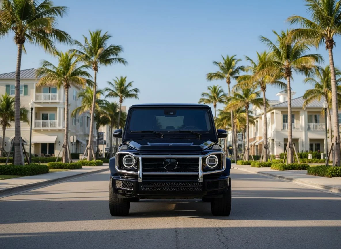Sarasota Motor Club - private driver wedding Sarasota - A black luxury SUV parked on a street lined with palm trees and modern white houses in a sunny tropical neighborhood.