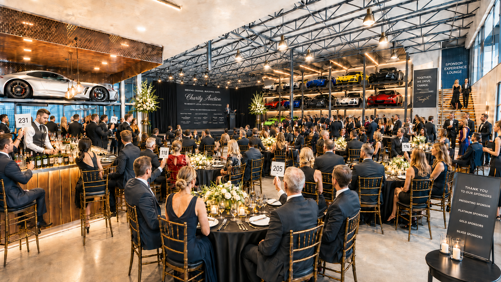 The dramatic main gallery set for a seated dinner