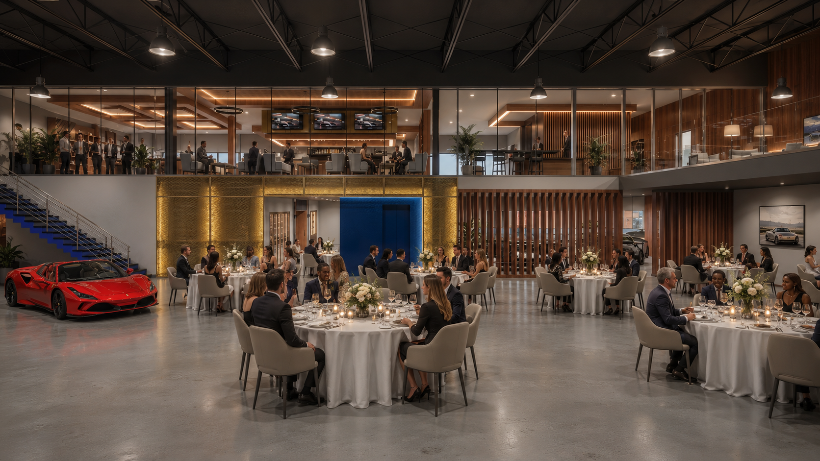 Sarasota Motor Club - private parties Sarasota - Elegant event space with round dining tables covered with white tablecloths, decorated with flower arrangements and candles, filled with people dressed in formal attire.