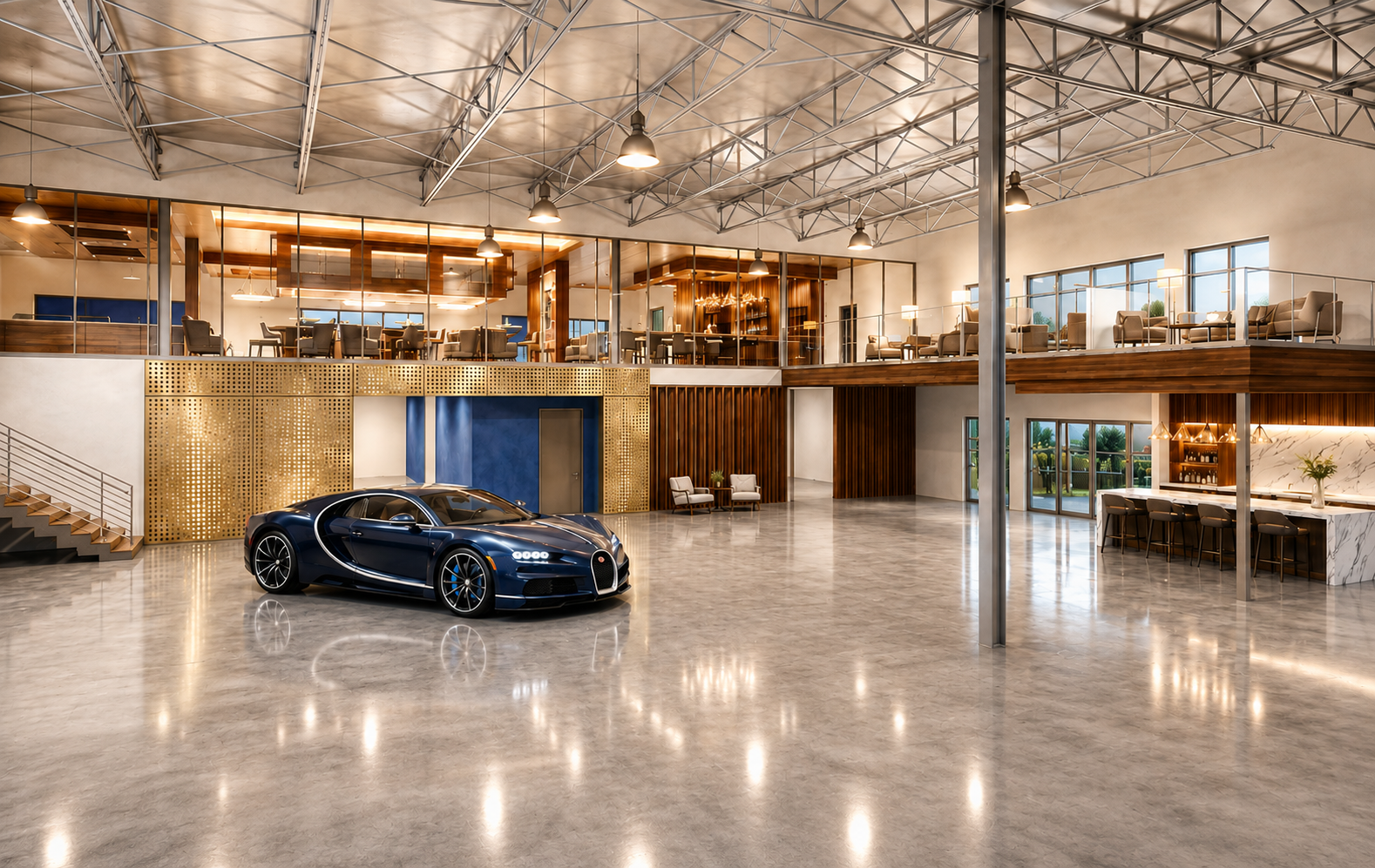 Sarasota Motor Club - car club event venue - Luxury modern garage with a blue Bugatti, wooden accents, glass-walled lounge area, bar, and a mezzanine level with seating.