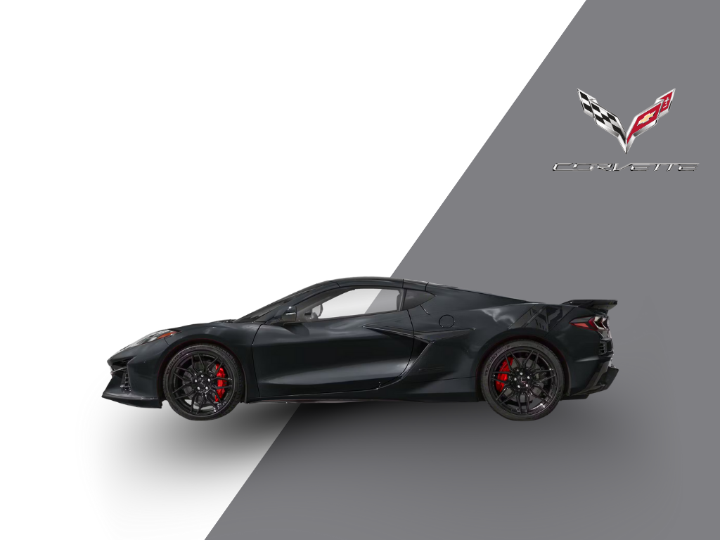 Sarasota Motor Club - Exotic Cars Sarasota - A black sports car with red brake calipers is pictured against a background divided diagonally, half white and half gray, with Chevrolet Corvette branding in the upper right corner.