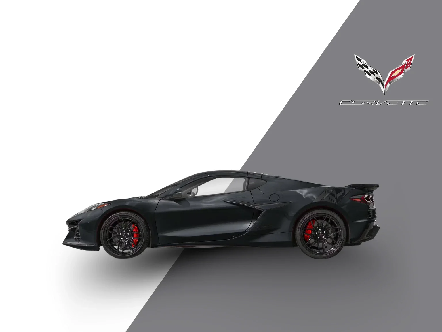 A black Chevrolet Corvette sports car on a split background with white on the left and gray on the right, featuring the Corvette logo and text.