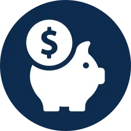 Icon of a piggy bank with a dollar coin above it inside a dark blue circle.