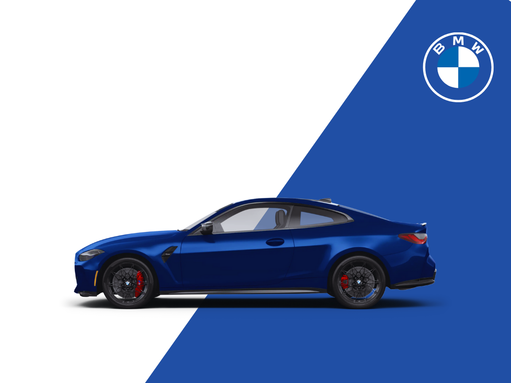 Sarasota Motor Club - Sarasota Luxury Car Rental - A blue BMW sports car positioned against a background split diagonally between white and blue, with a BMW logo in the top right corner.