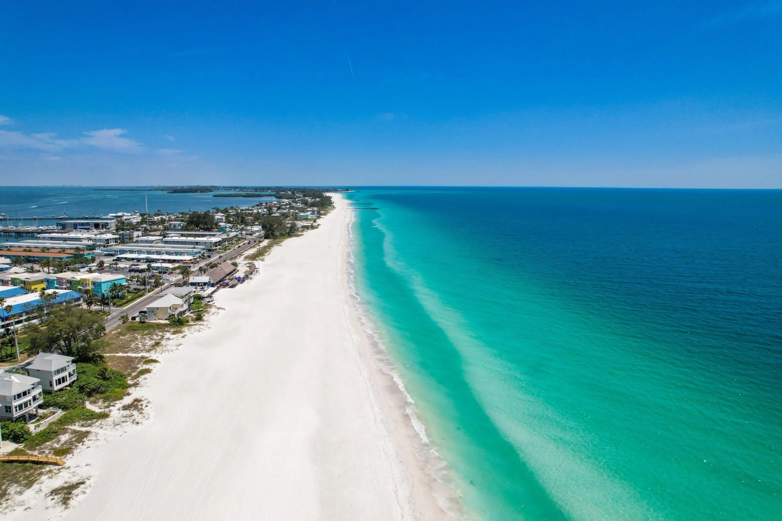 Sarasota Motor Club - Exotic Car Rental Sarasota Florida - Aerial view of a sandy beach along a turquoise ocean with buildings and houses nearby under a partly cloudy blue sky.