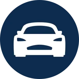 Icon of a white car on a dark blue circular background.