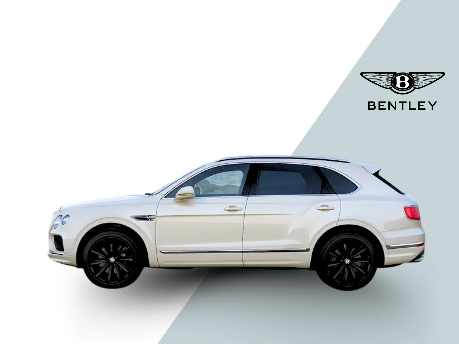 A white Bentley SUV with black wheels displayed on a branding background with Bentley logo.