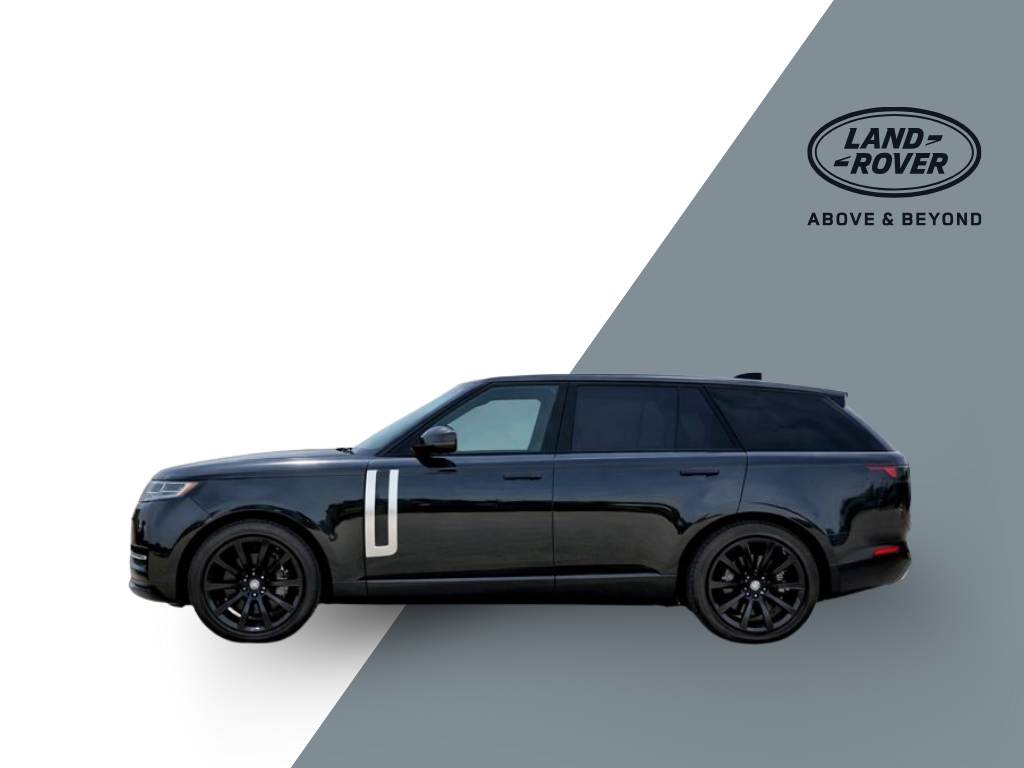 Sarasota Motor Club - Exotic Cars Sarasota -  A black Range Rover SUV parked on a split background with white on the left and gray on the right, featuring the Land Rover logo and the words "Above & Beyond" in the upper right corner.
