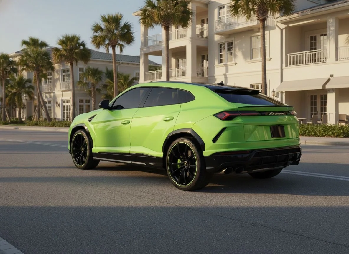 Sarasota Motor Club - private driver wedding Sarasota - A bright green Lamborghini Urus SUV driving on a city street lined with palm trees and modern white buildings.