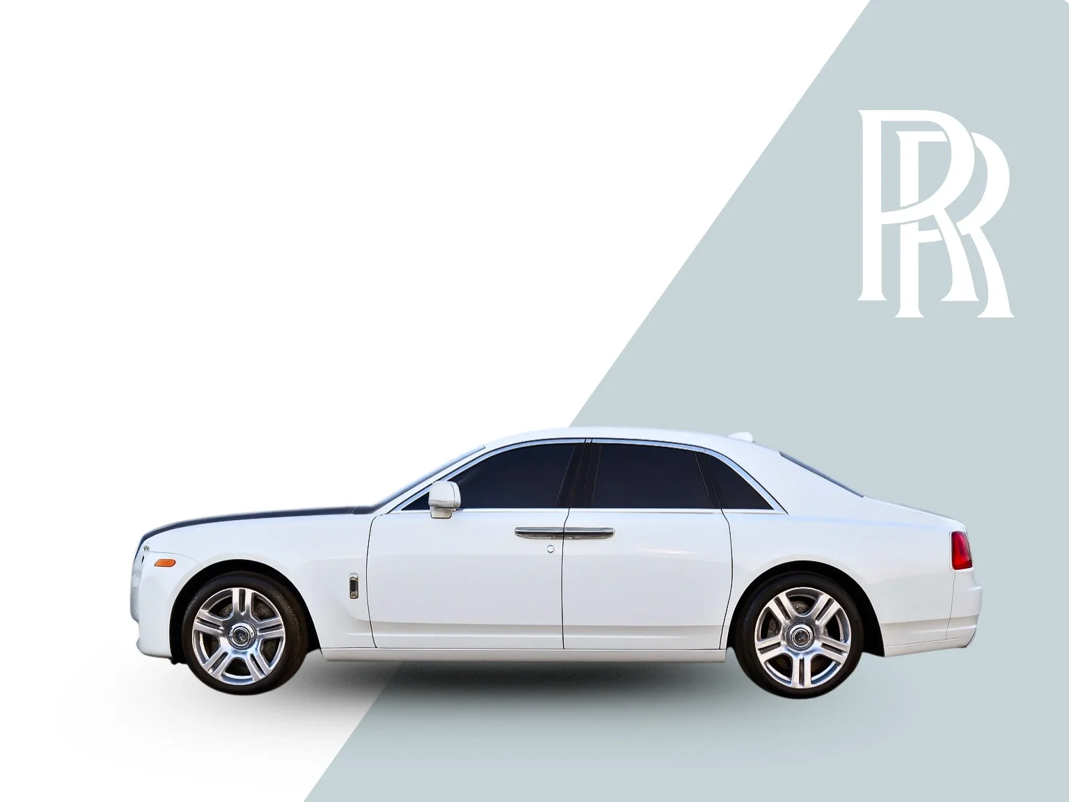 A white luxury sedan car parked on a split-colored background with a light gray and white section, featuring the Rolls-Royce logo in the upper right corner.