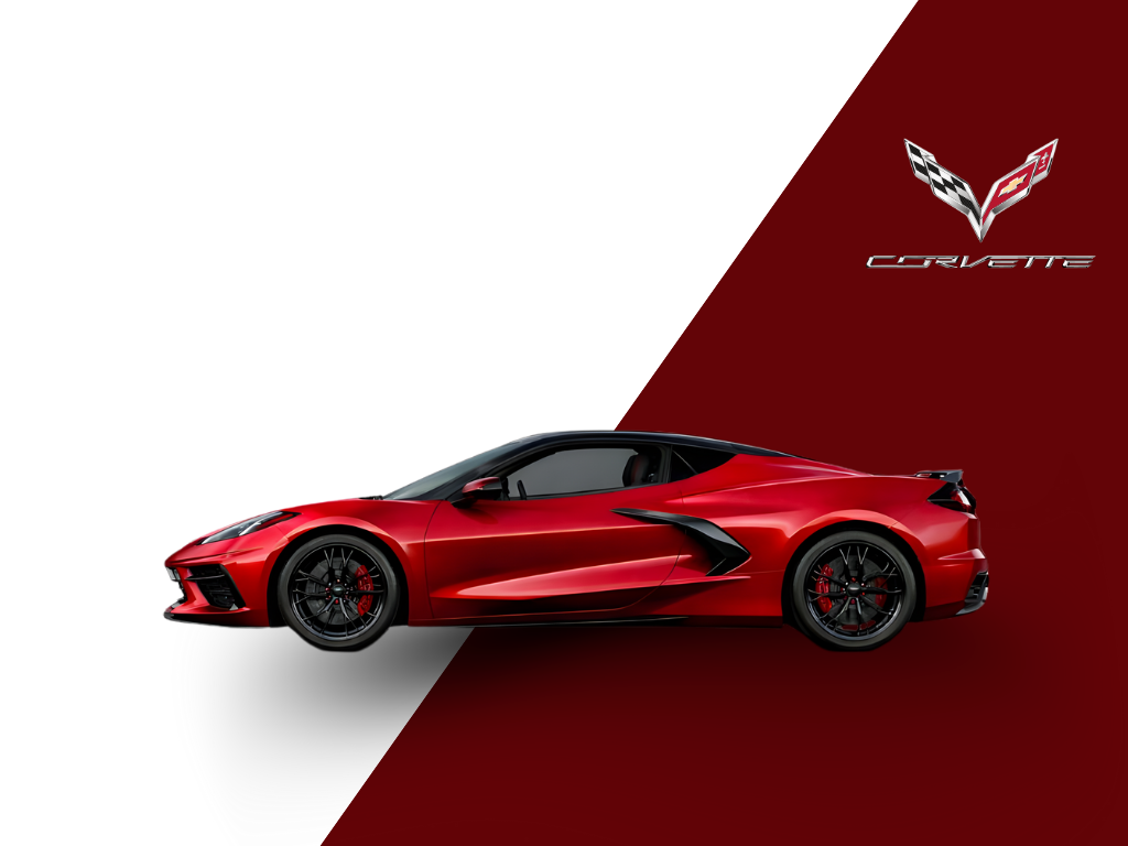 Sarasota Motor Club - Sarasota Luxury Car Rental -  A red sports car with black accents parked against a background split diagonally into white and dark red, featuring the Chevrolet Corvette logo and the word 'Corvette'.