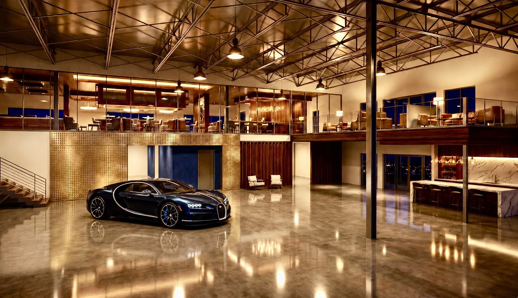 Sarasota Motor Club - luxury car club - Luxury car parked inside a spacious, modern lobby with polished floors, accent lighting, a bar area, and a second-floor seating area.