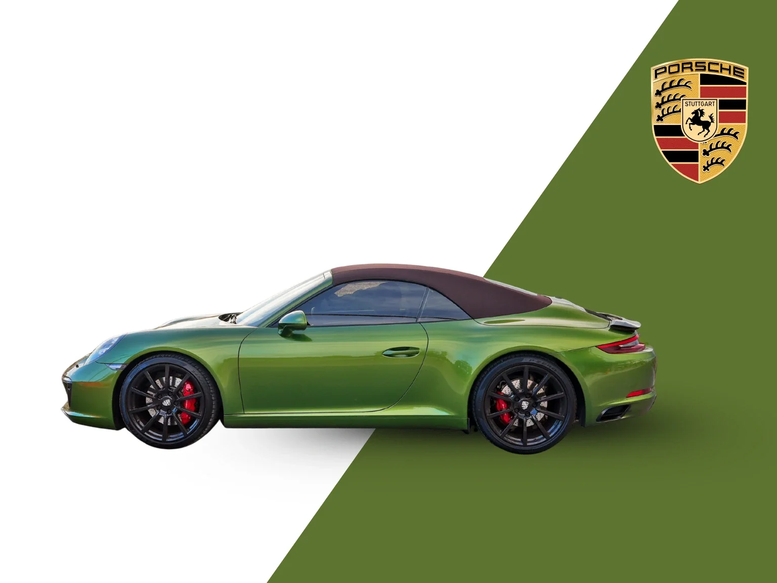 Green sports car with black wheels and red brake calipers, positioned on a split background of white and green with a Porsche logo in the top right corner.