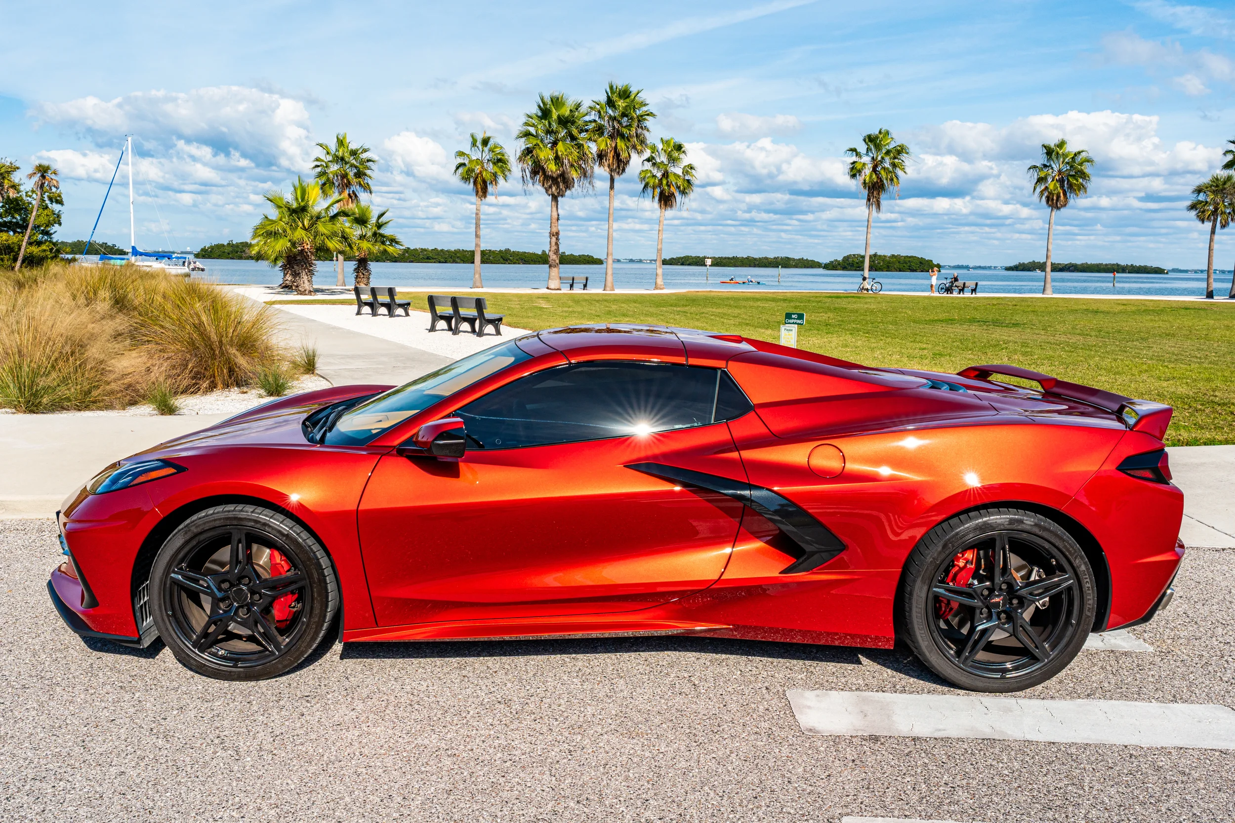 Sarasota Motor Club - Longboat Key exotic car rental - A shiny red Corvette parked on a street near a park with palm trees, benches, and a waterbody in the background, under a partly cloudy sky.