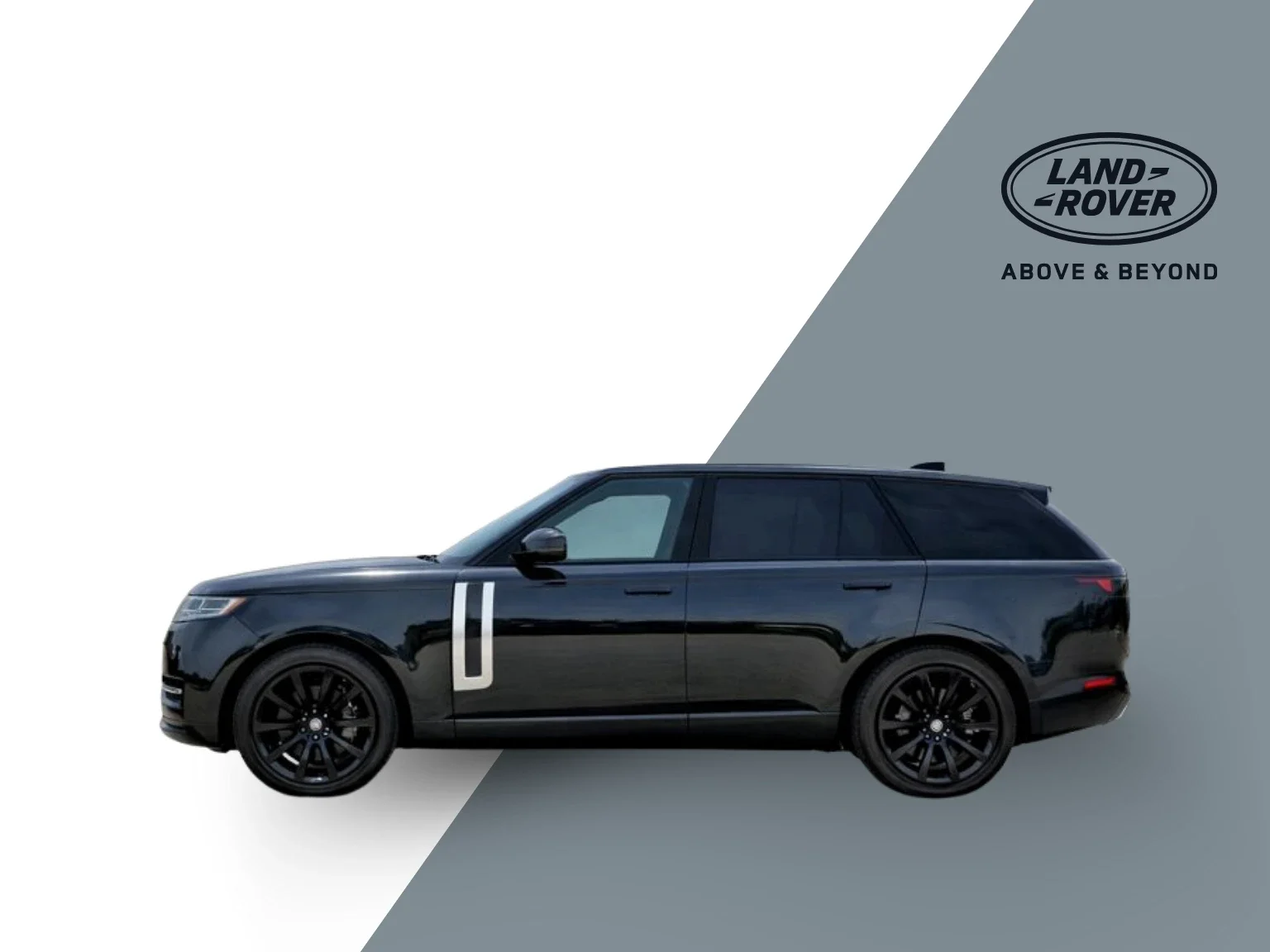 A black Land Rover SUV parked against a background divided diagonally, with the Land Rover logo and slogan 'Above & Beyond' in the upper right corner.