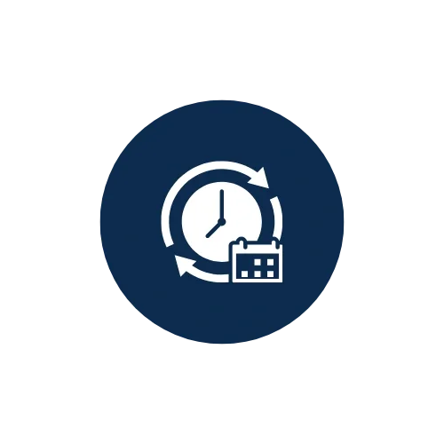 Icon of a clock with circular arrows around it and a calendar in the bottom right corner, representing time management or scheduling.
