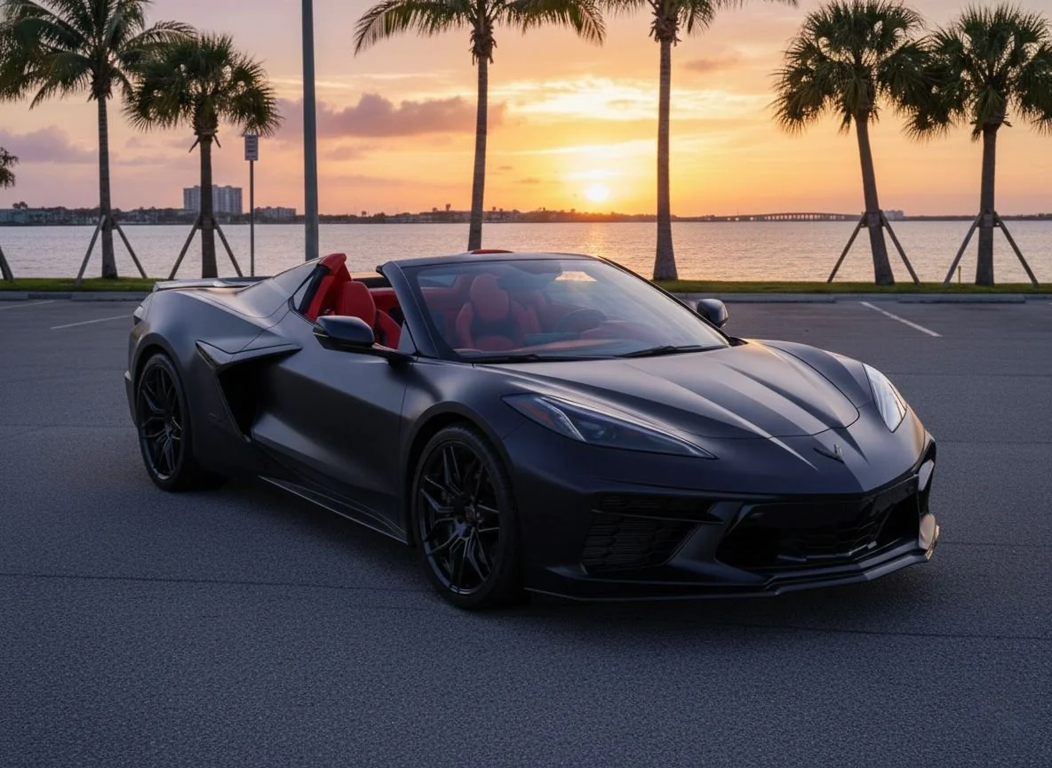 Sarasota Motor Club -  Lido Key & St. Armands Circle exotic car rental - A black convertible Corvette car with red interior parked on a coastal road near palm trees during sunset.
