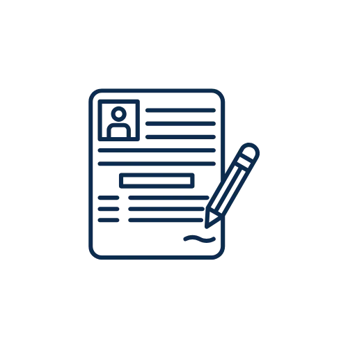 Illustration of a resume or job application form with a pen signing it.