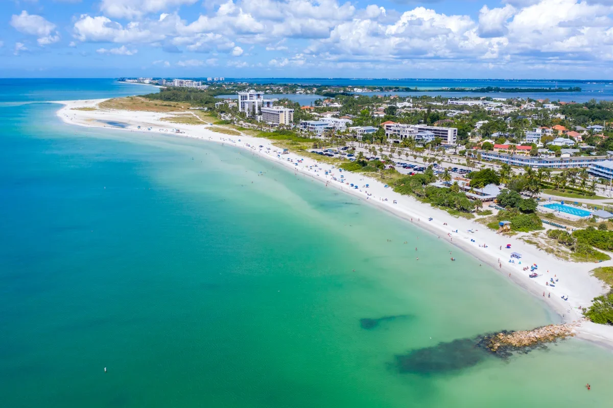 Sarasota Motor Club - Premium Car Service Sarasota - Aerial view of a tropical beach with turquoise water, white sand, and beach umbrellas, with a city skyline and buildings in the background under a partly cloudy sky.