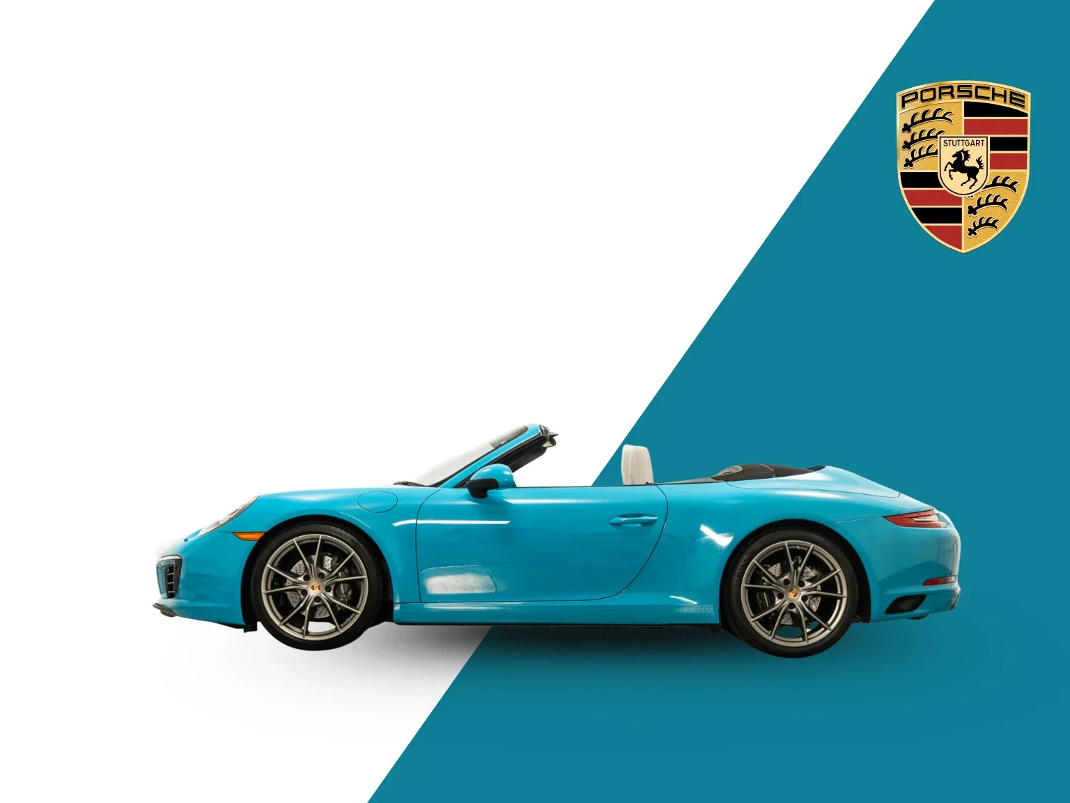 A blue Porsche convertible sports car with a white interior displayed on a background split diagonally between white and teal, with a Porsche logo in the top right corner.