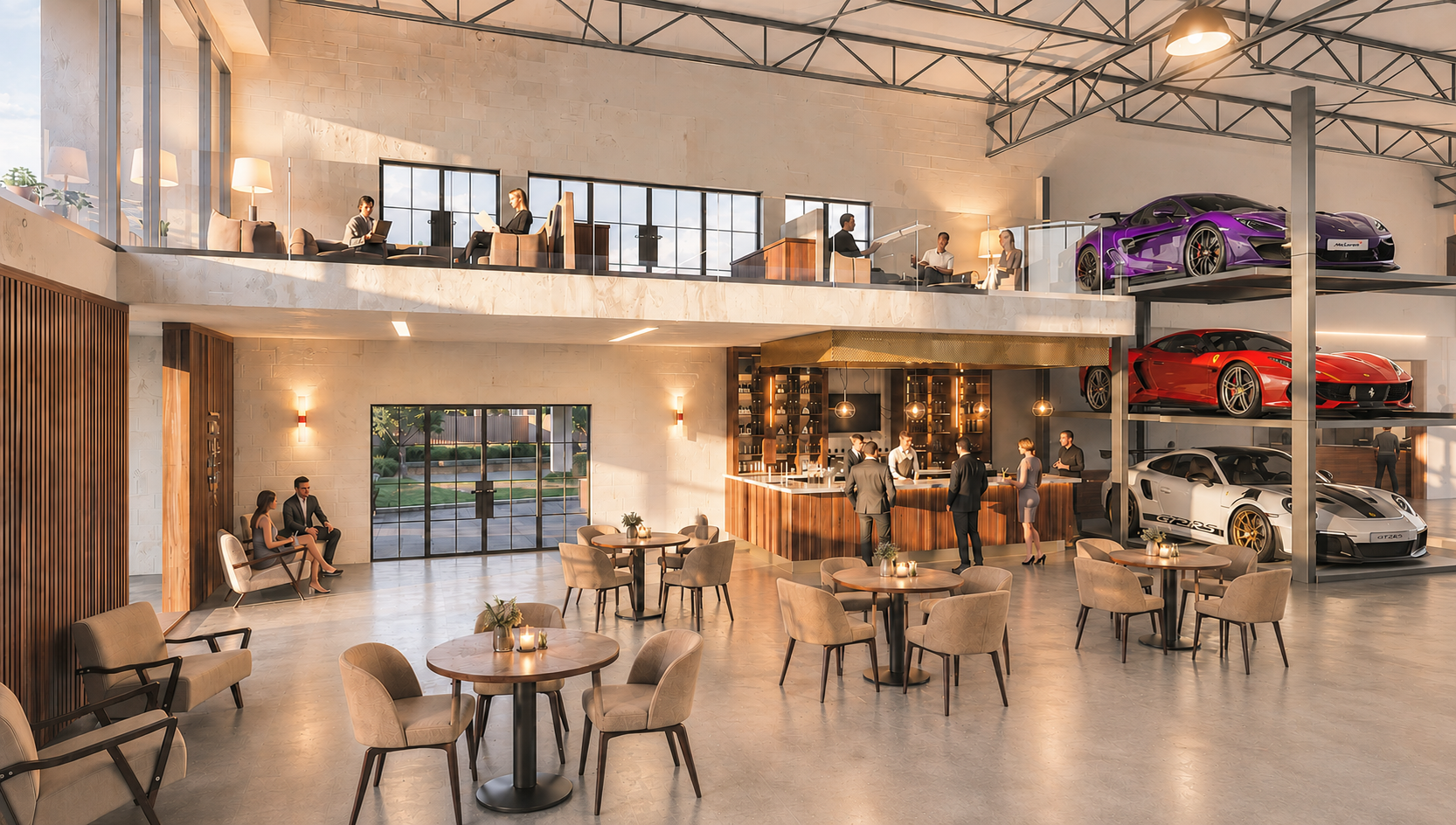 Sarasota Motor Club - luxury networking events - Luxury car showroom with high ceilings, featuring a bar area, seating areas, and sports cars displayed on two elevated platforms.