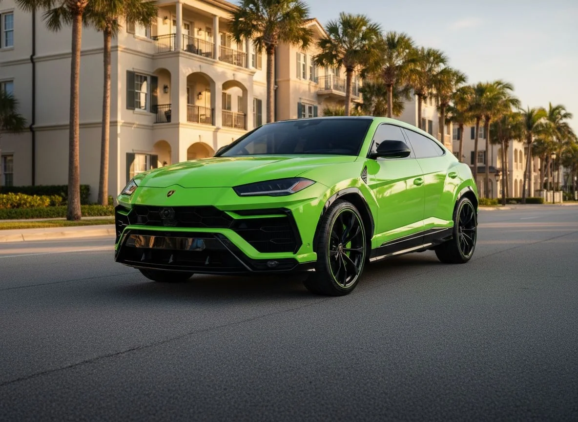 Sarasota Motor Club - private driver wedding Sarasota - A bright green Lamborghini Urus SUV driving on a street lined with tall palm trees and white buildings under a clear sky.