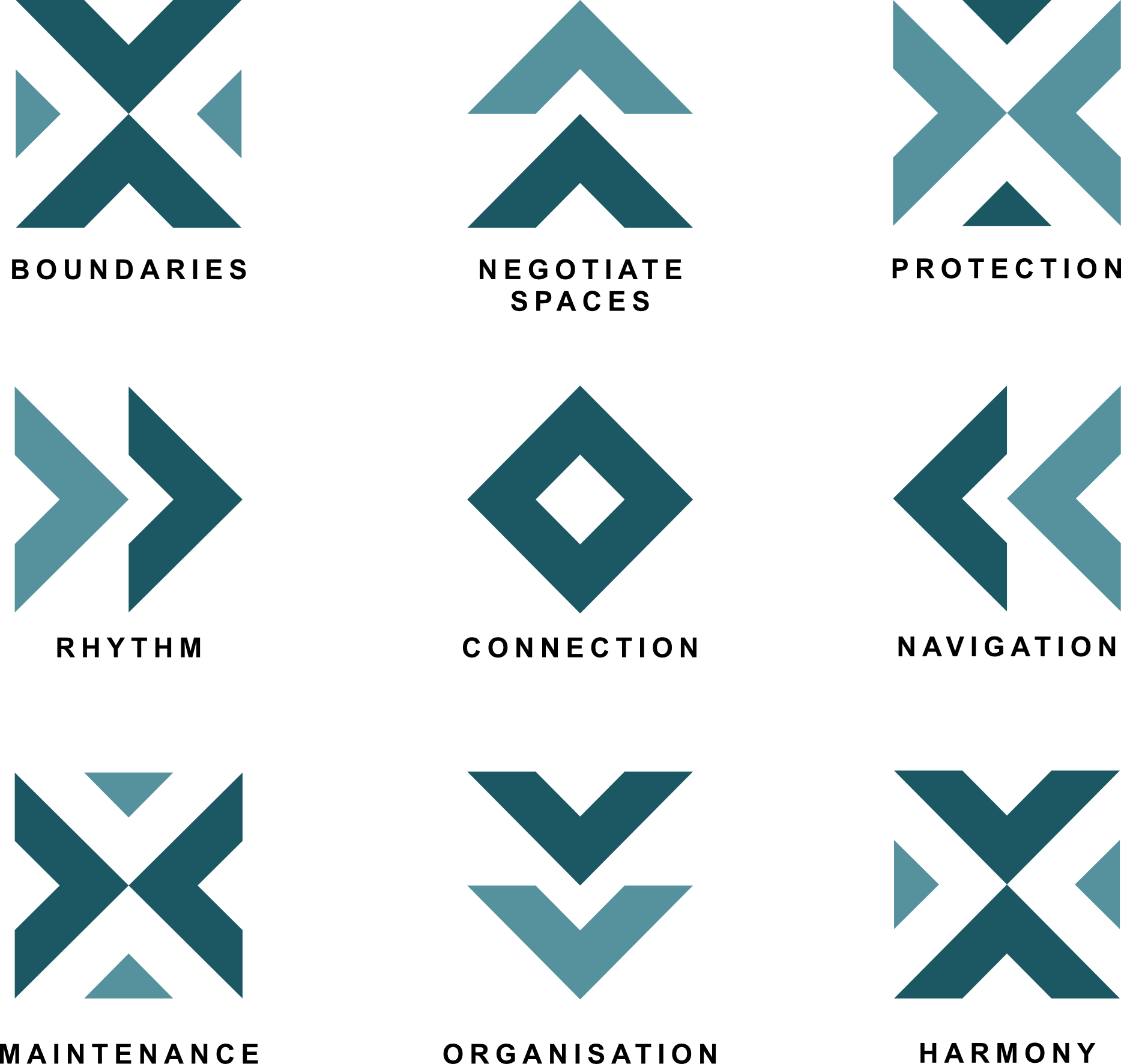 A pattern of geometric shapes in shades of blue and black, arranged symmetrically on a black background.