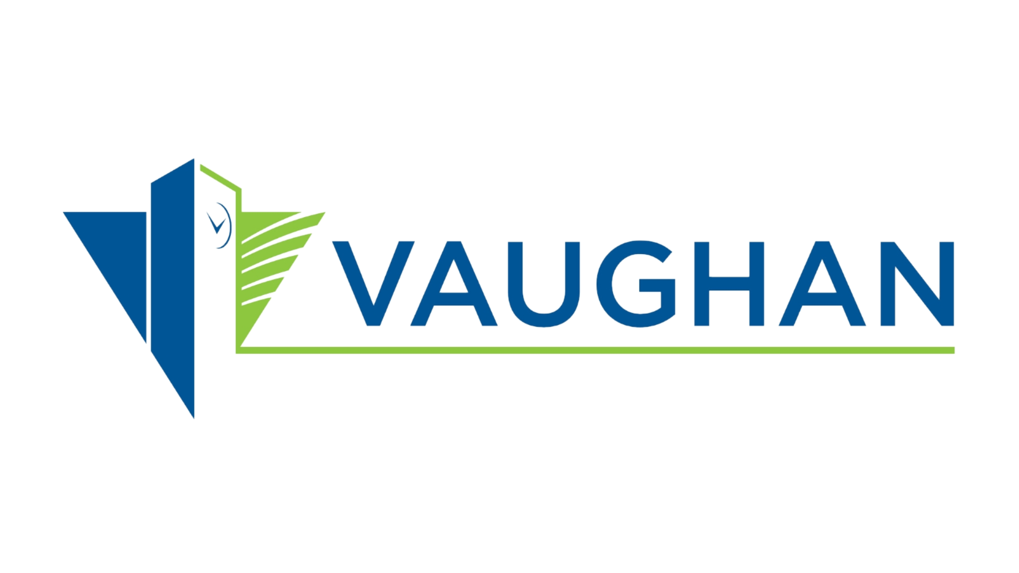 Vaughan logo featuring a stylized building design in blue and green with the word 'Vaughan' in blue text beneath a green line.
