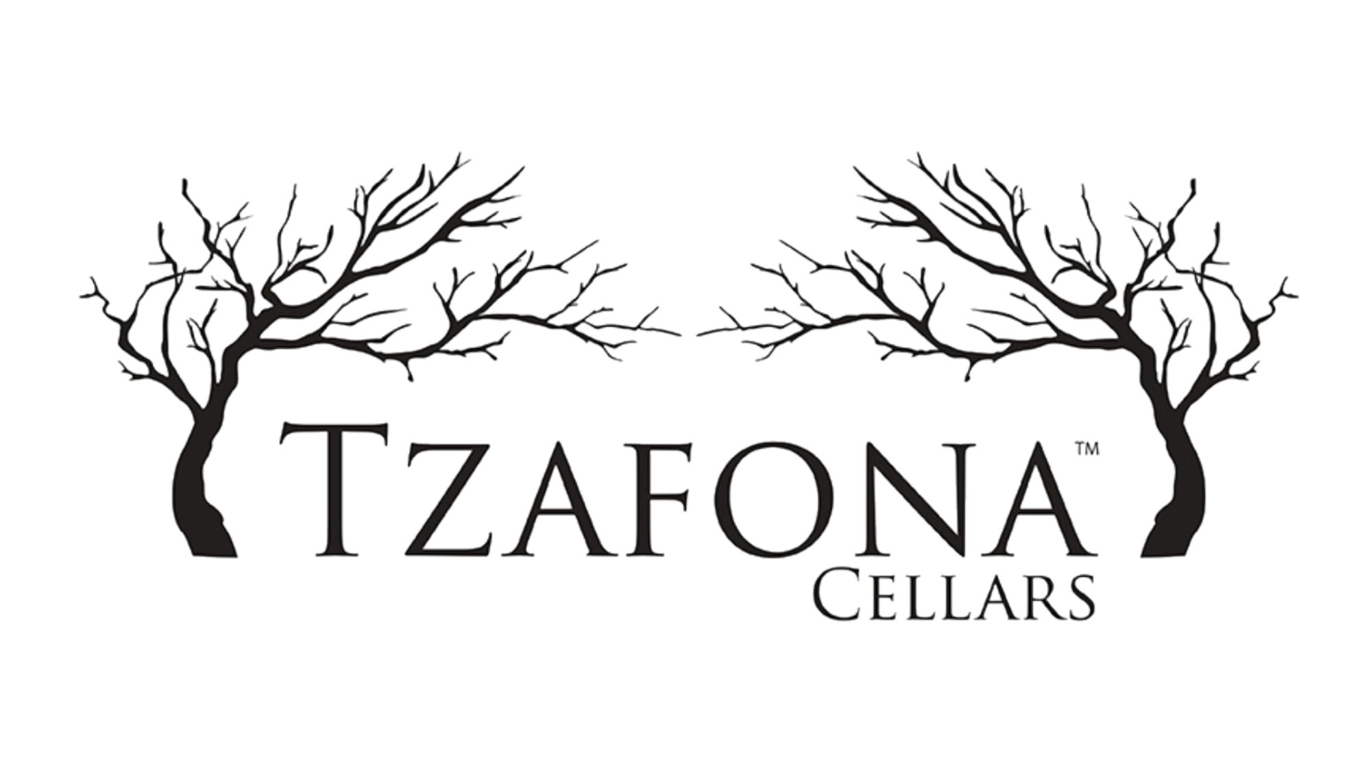 Logo for Tzafona Cellars featuring two black leafless trees arching over the brand name.