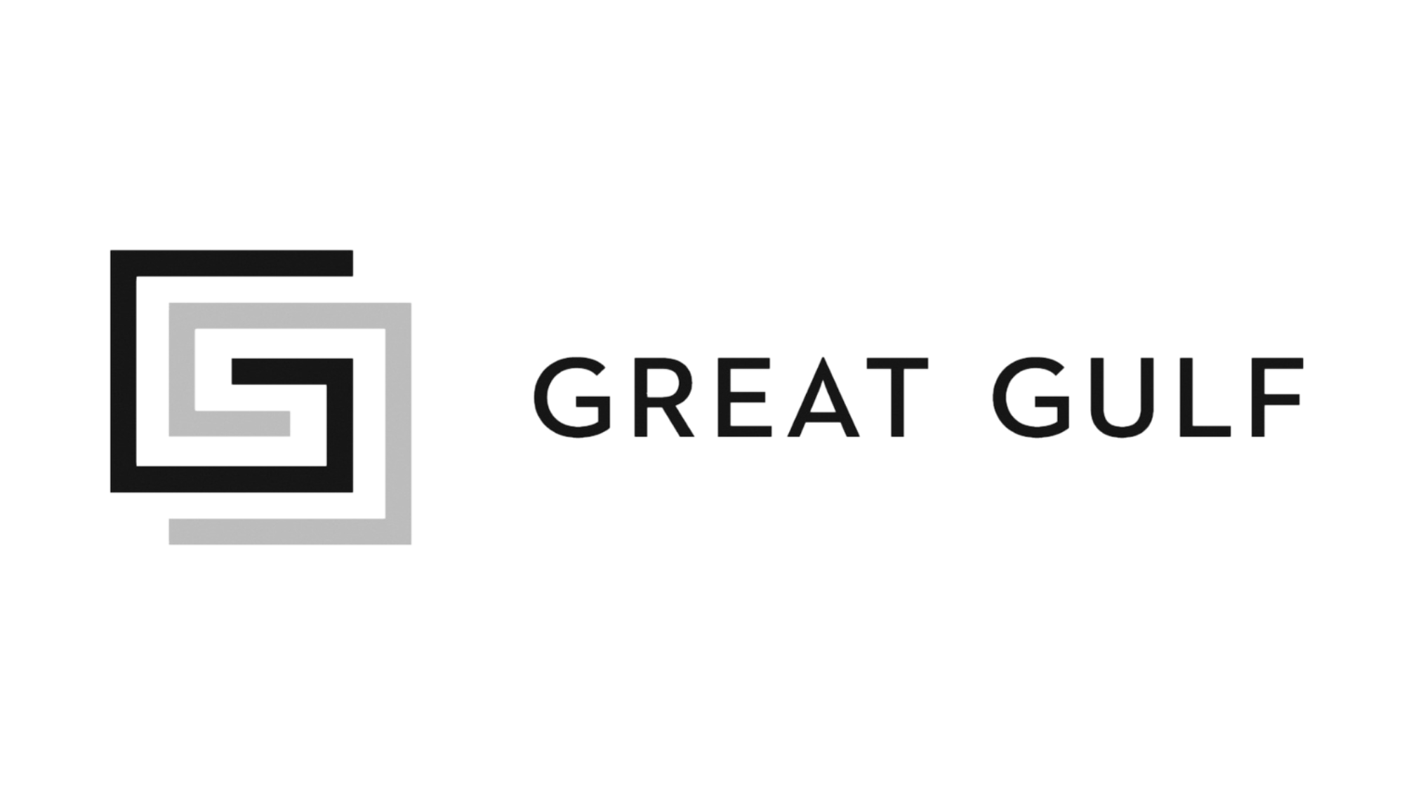 Logo for Great Gulf featuring two interlocking squares, one black and one gray, with the company name in black capital letters to the right of the squares.