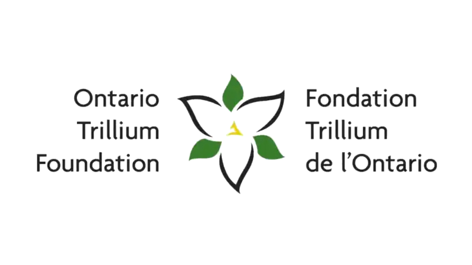 Logo for Ontario Trillium Foundation, featuring a stylized flower with five green leaves and a yellow triangle in the center, with text in English and French.