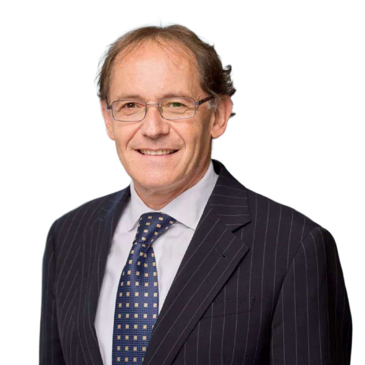 A middle-aged man in a pinstripe suit, white shirt, and patterned blue tie, smiling and wearing glasses.