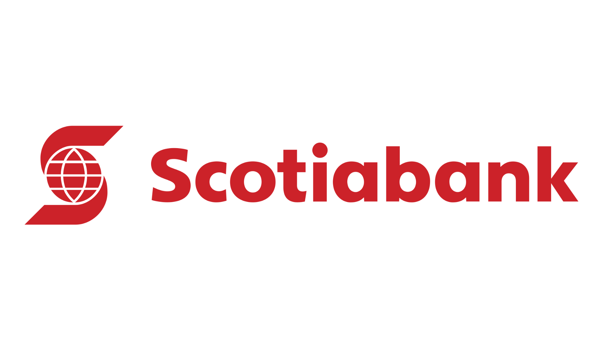 Scotiabank logo with red font and a red icon featuring a globe and geometric shapes on a white background.